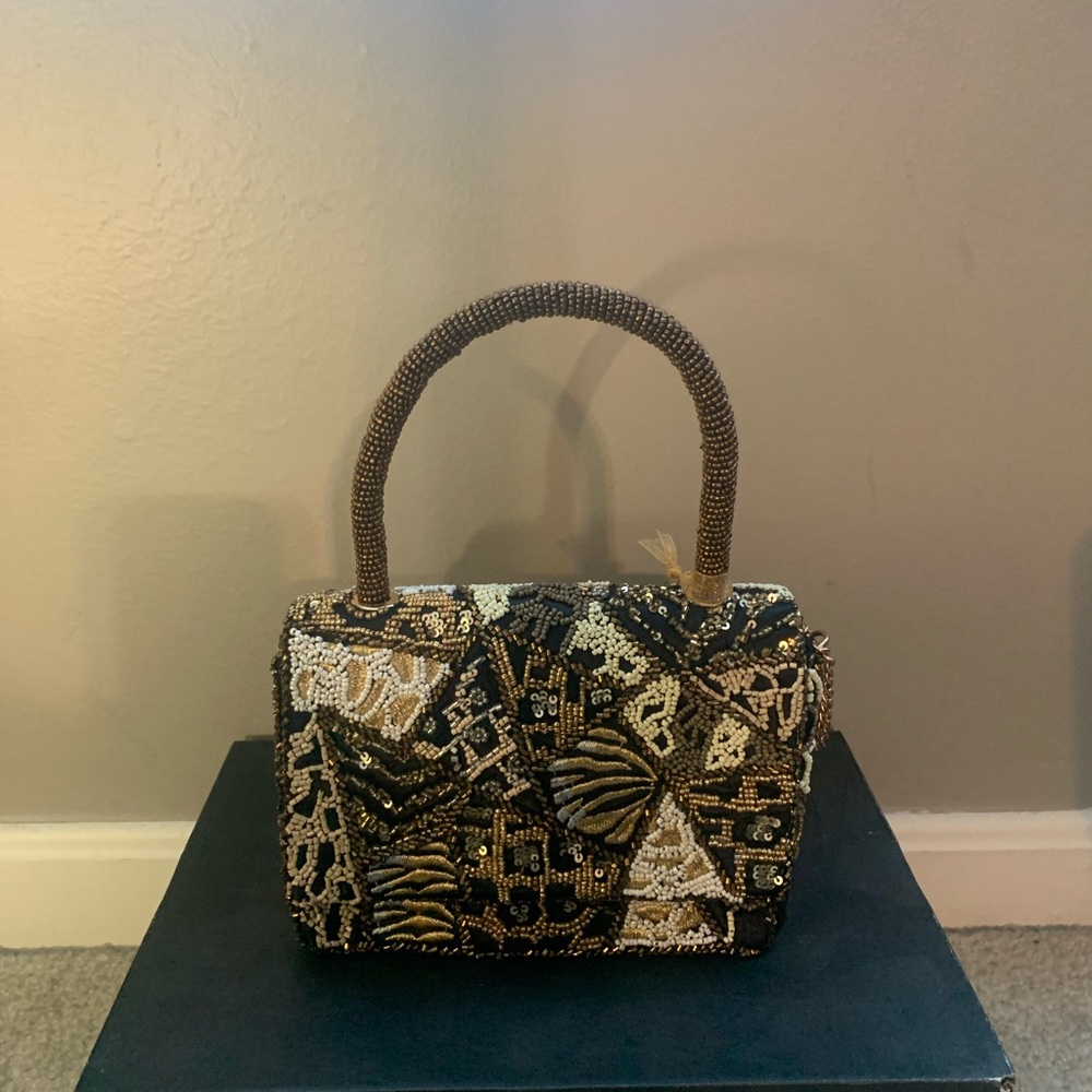 Beaded Black & Gold Evening Top-Handle Bag